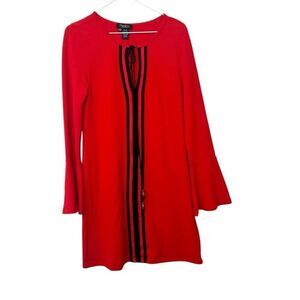 Papillon Keyhole Tie Detail Contrast Trim Bell Sleeve Tunic Dress Red Small